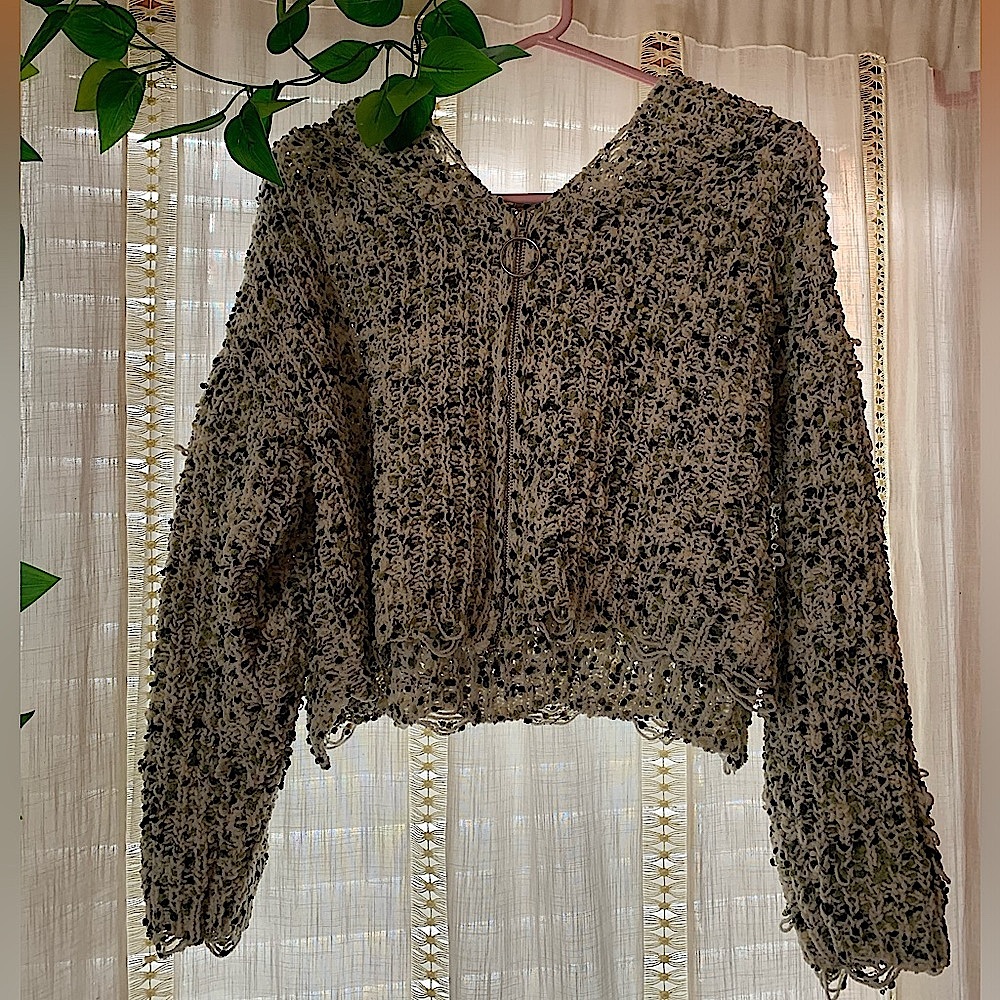 BUCKLE Willow Root Green White Distressed Cable Knit Zip Up Sweater Size Small - Picture 2 of 7